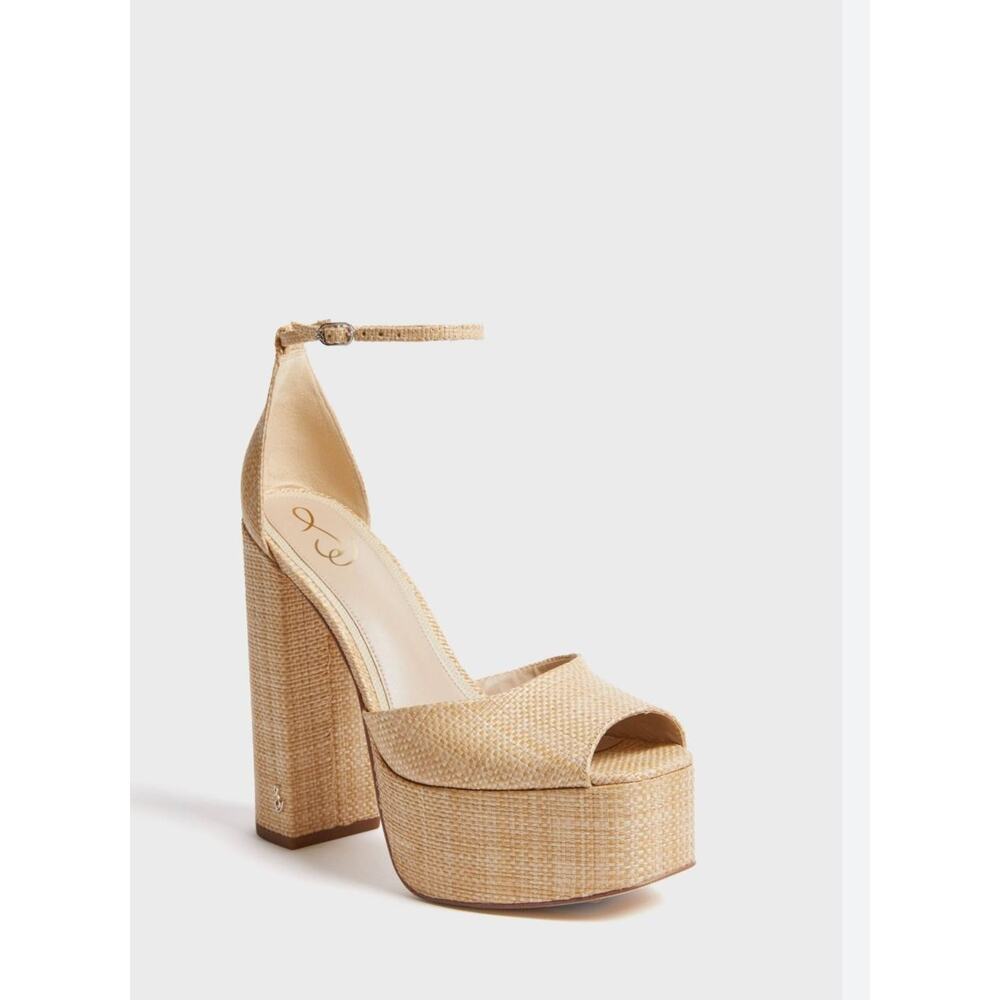 Sam Edelman Beige Raffia Platform Ankle Strap Heels